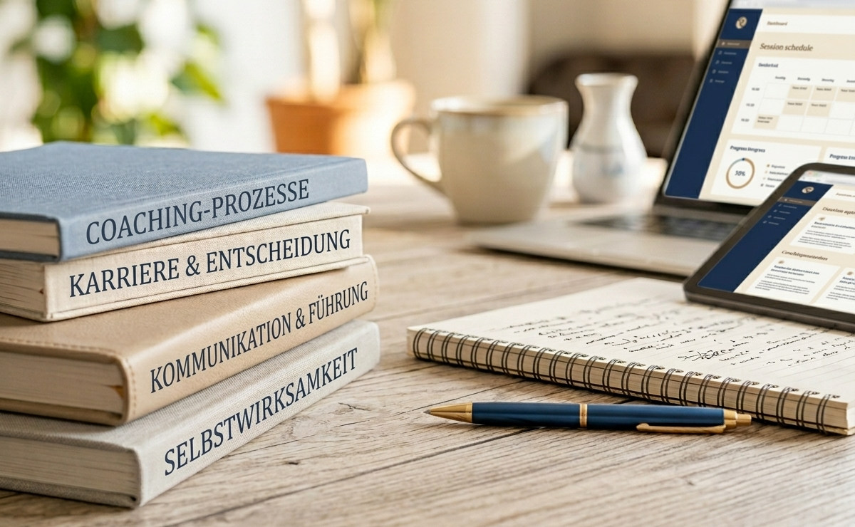 Fachbücher zu Coaching, Karriere, Kommunikation und Selbstwirksamkeit neben einem Laptop