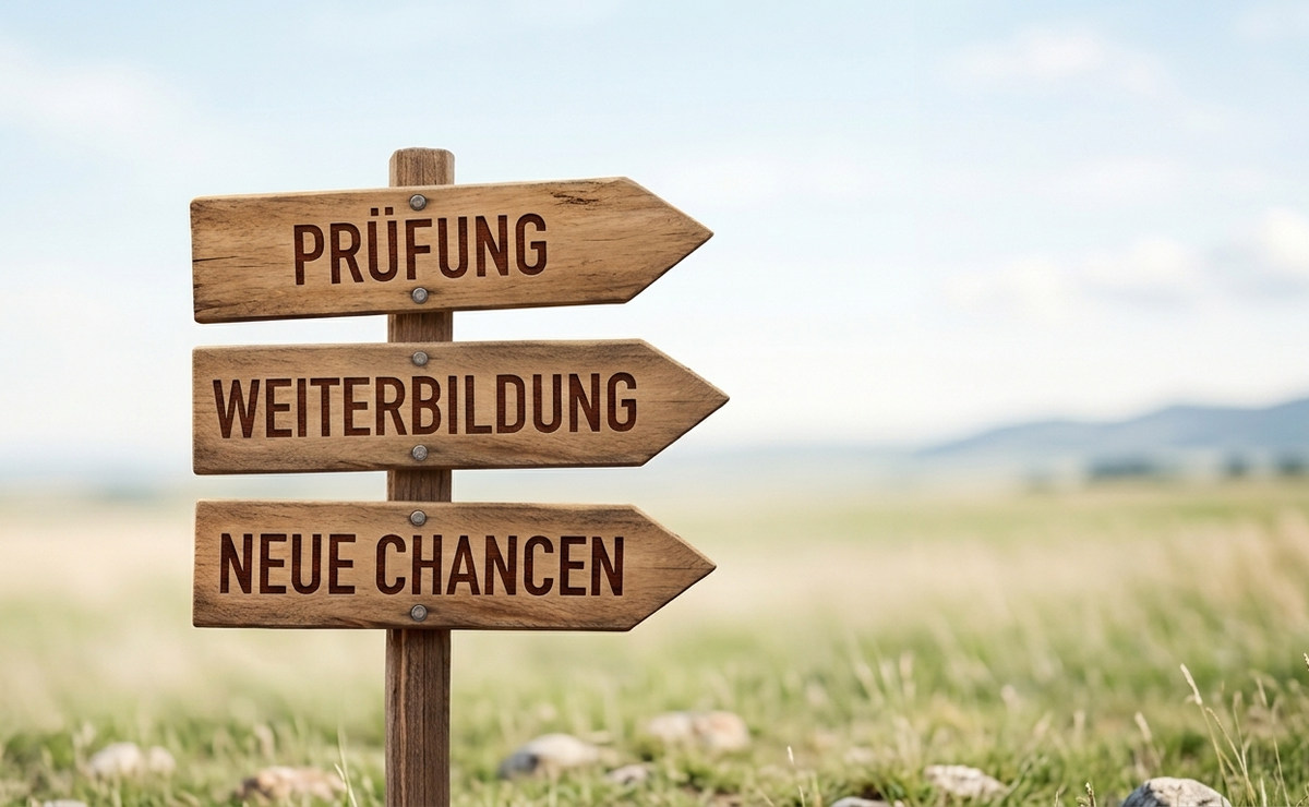 Ein Wegweiser zeigt Prüfung, Weiterbildung und neue Chancen