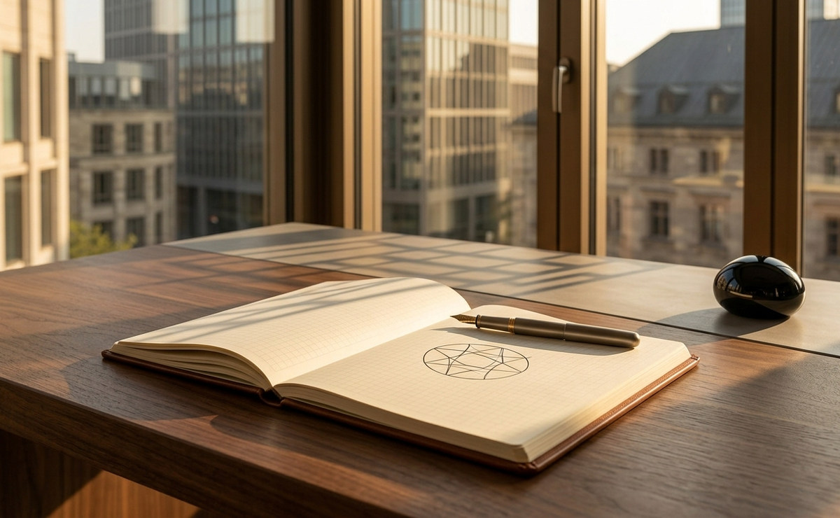 Notizbuch und Stift an einem Schreibtisch mit Blick auf ein Geschäftsviertel