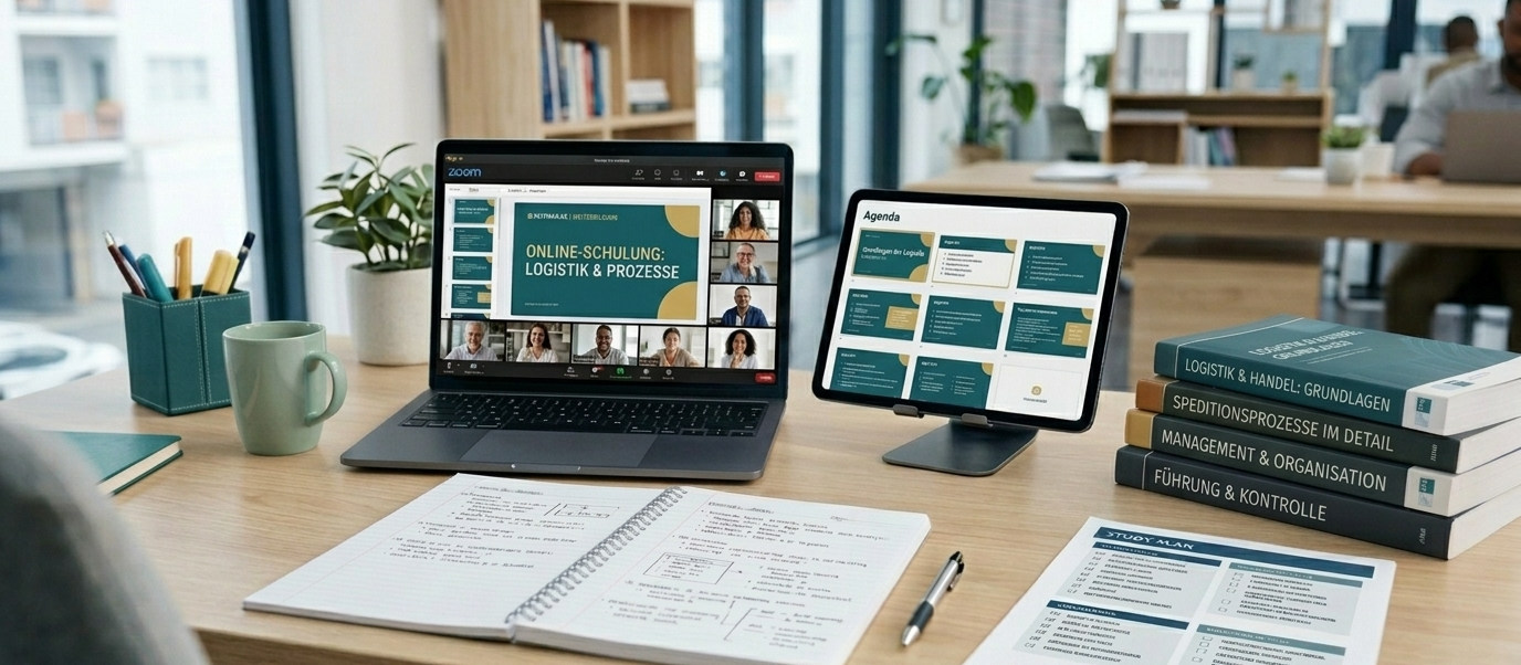 Laptop mit Online-Schulung, Präsentation und Arbeitsmaterialien zur Prüfungsvorbereitung